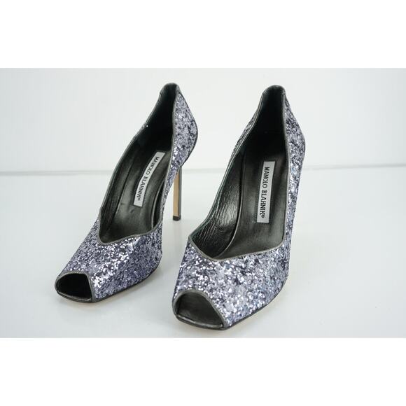 Manolo Blahnik Glitter Fatducabo Peep Toe Heels Pumps Size 37.5 - Picture 7 of 12